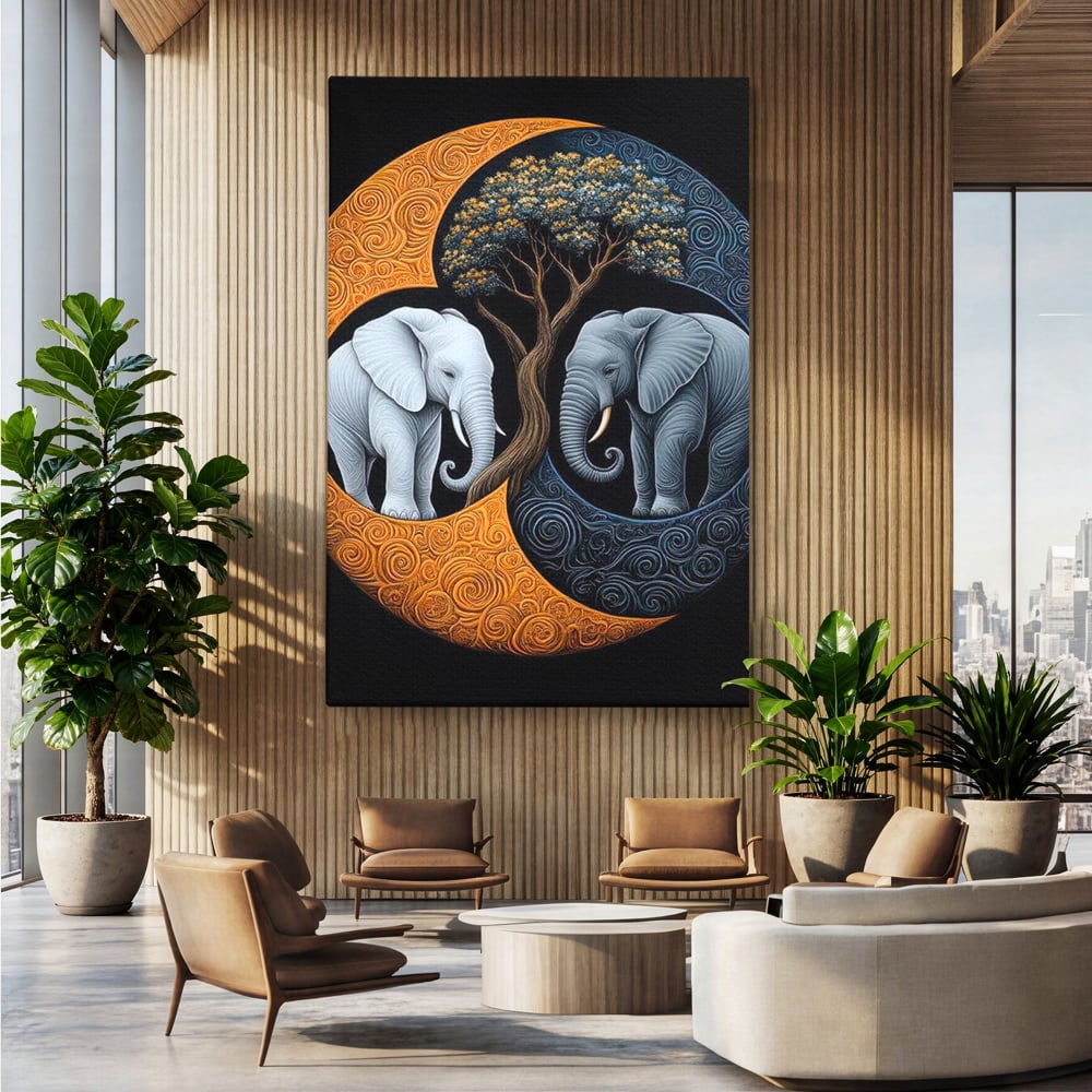 Tablou canvas cu tablou canvas cu elefanti si yin si yang, fara rama, pe sasiu de lemn, pe perete intr-un birou